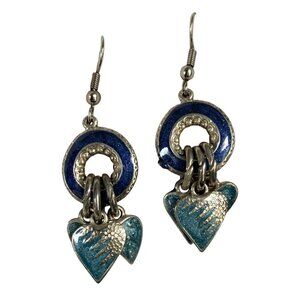 Silver Heart Dangle Earrings Blue Enamel Rhinestone Detail Signed on Back